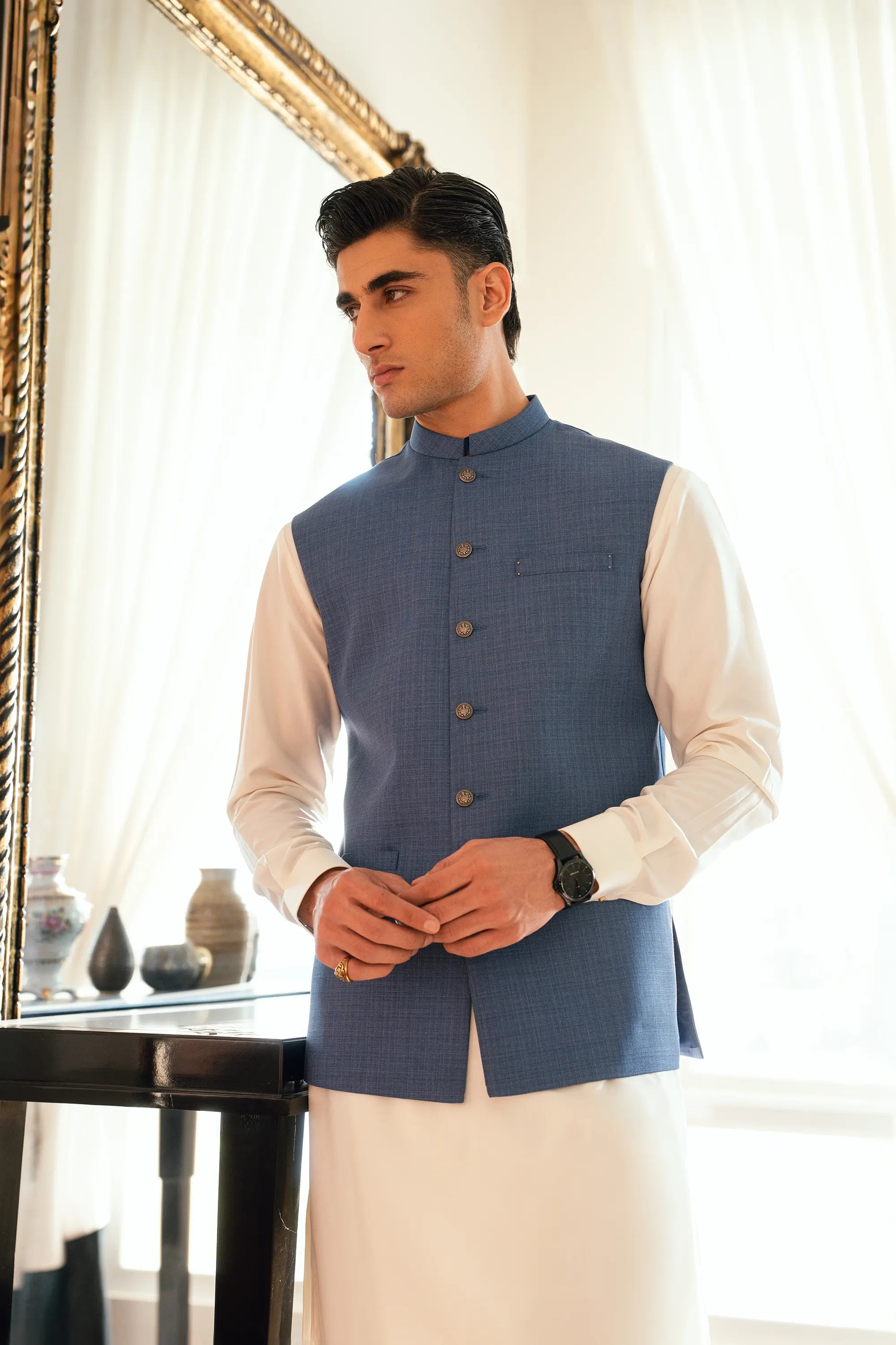 Steel Blue Texture Waistcoat W-2032