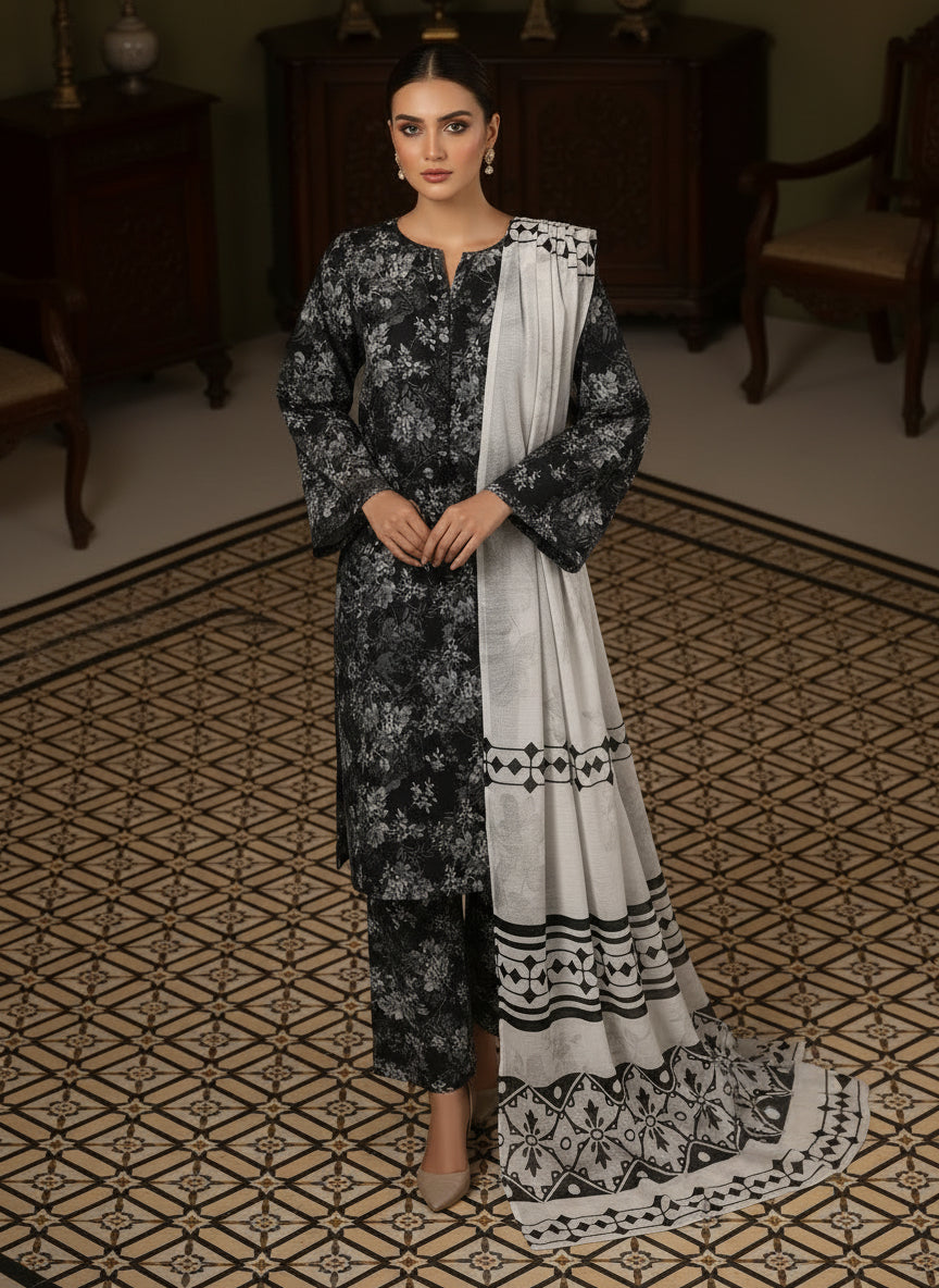 Ashen Noir- Printed khaddar