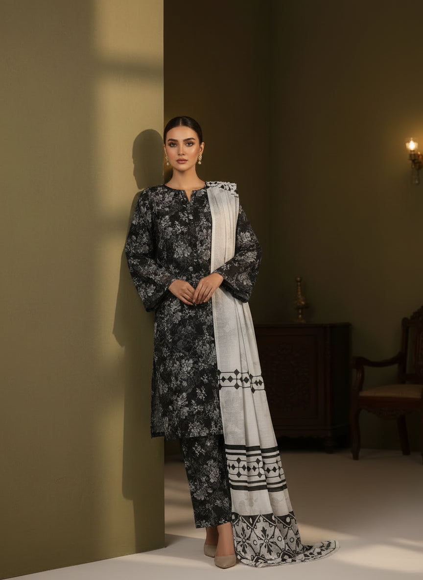 Ashen Noir- Printed khaddar