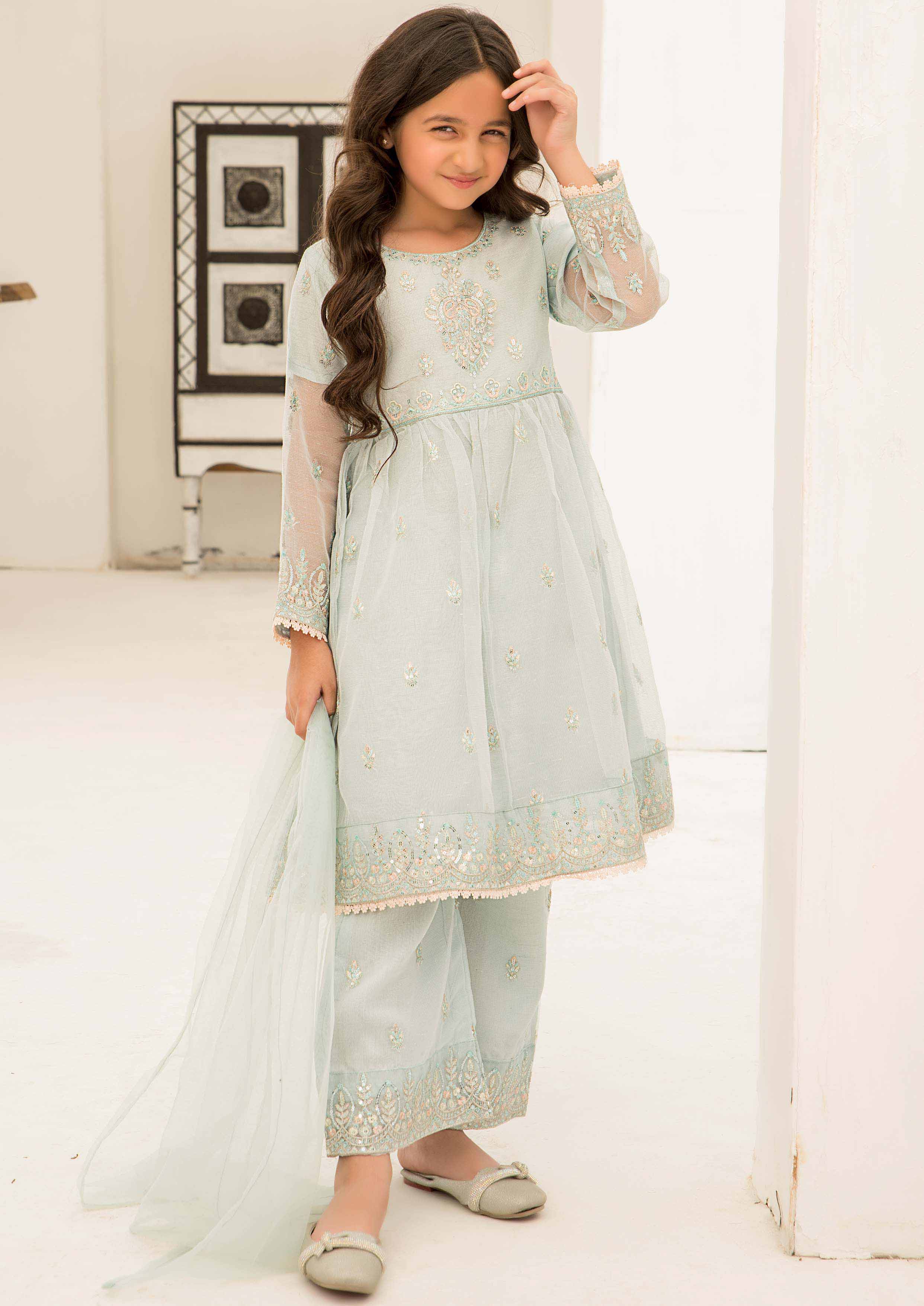 3 piece Zari Net Embroidered Suit Kids