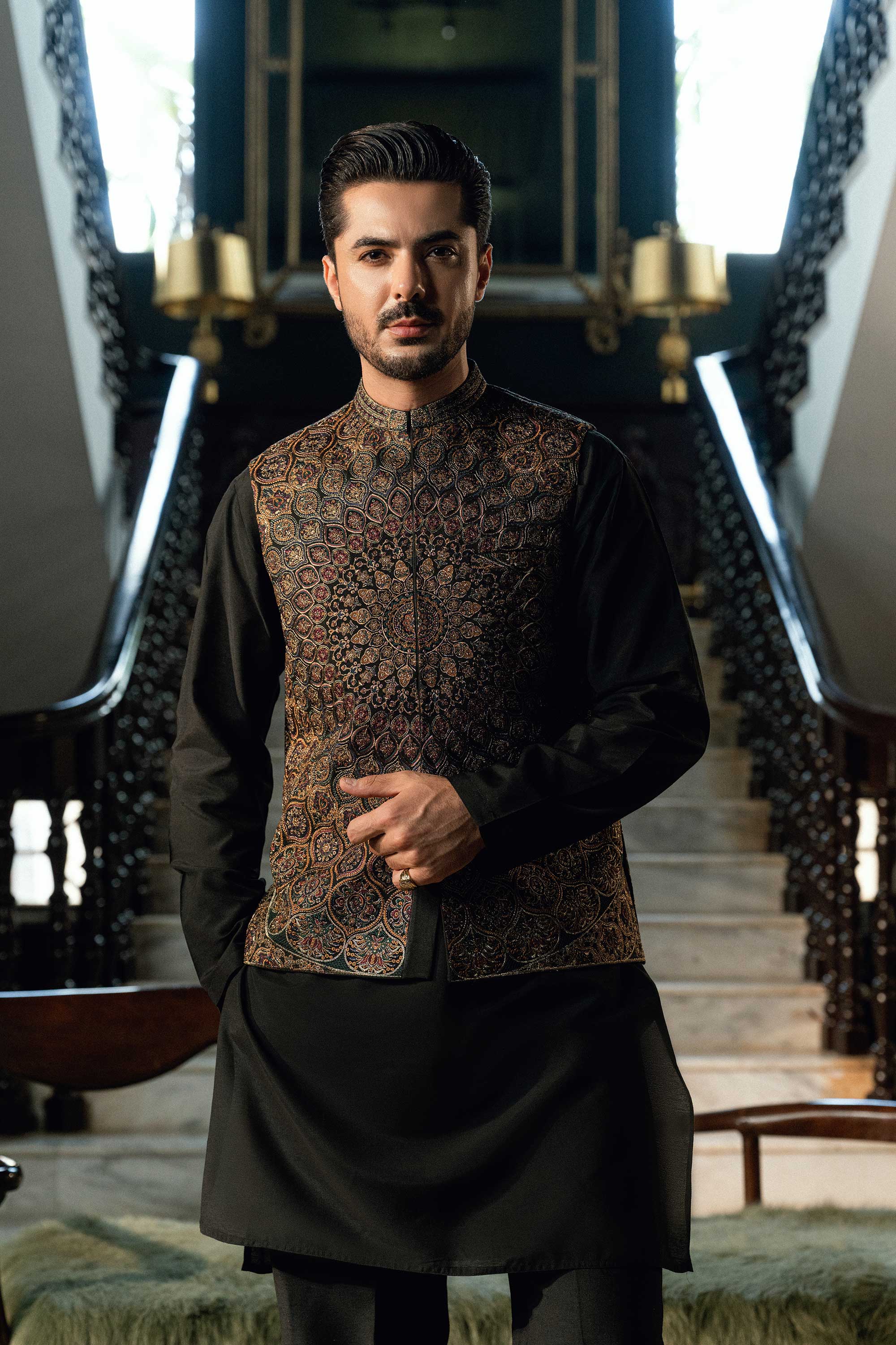 Persian Black Embroidered Waistcoat W-4015