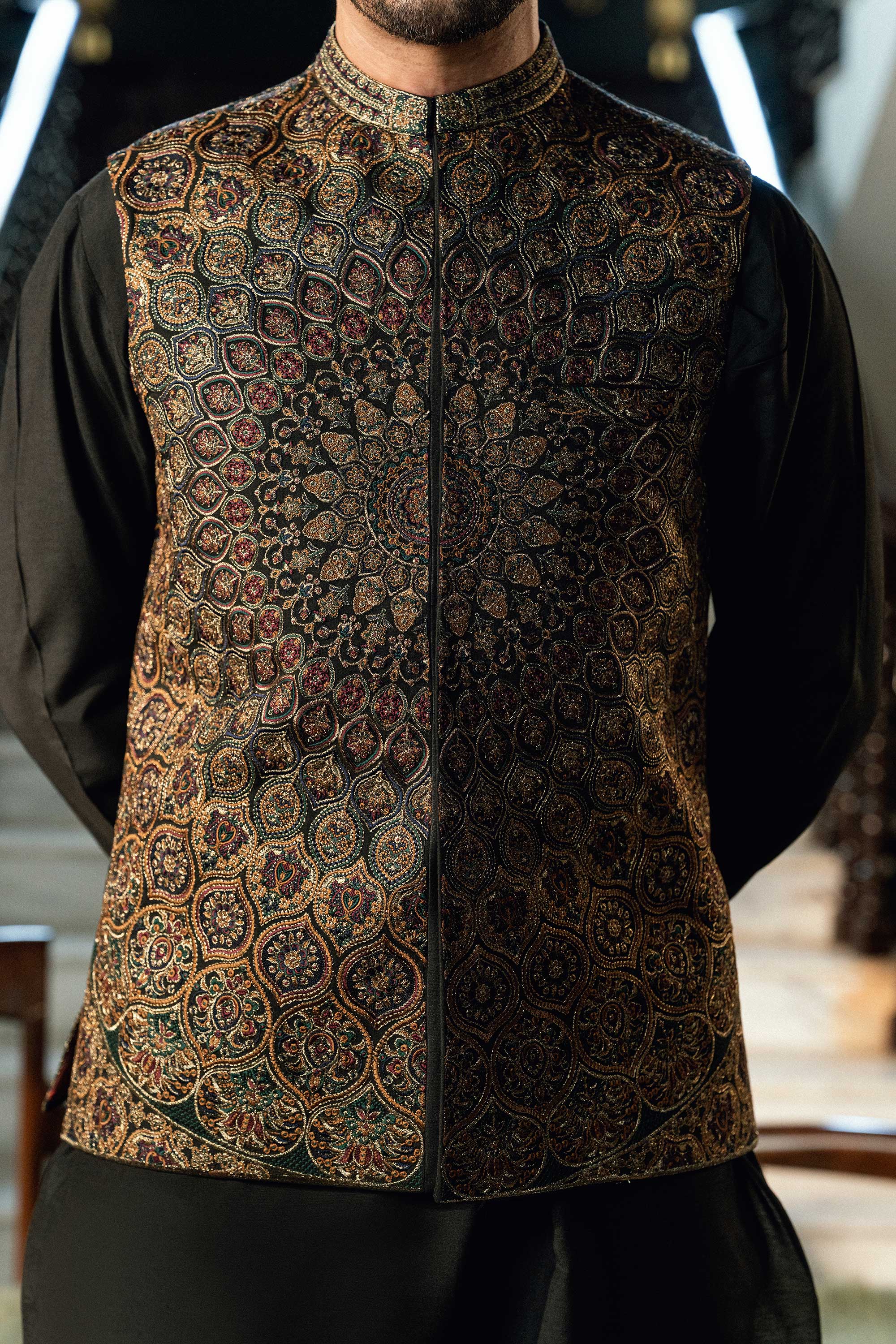 Persian Black Embroidered Waistcoat W-4015
