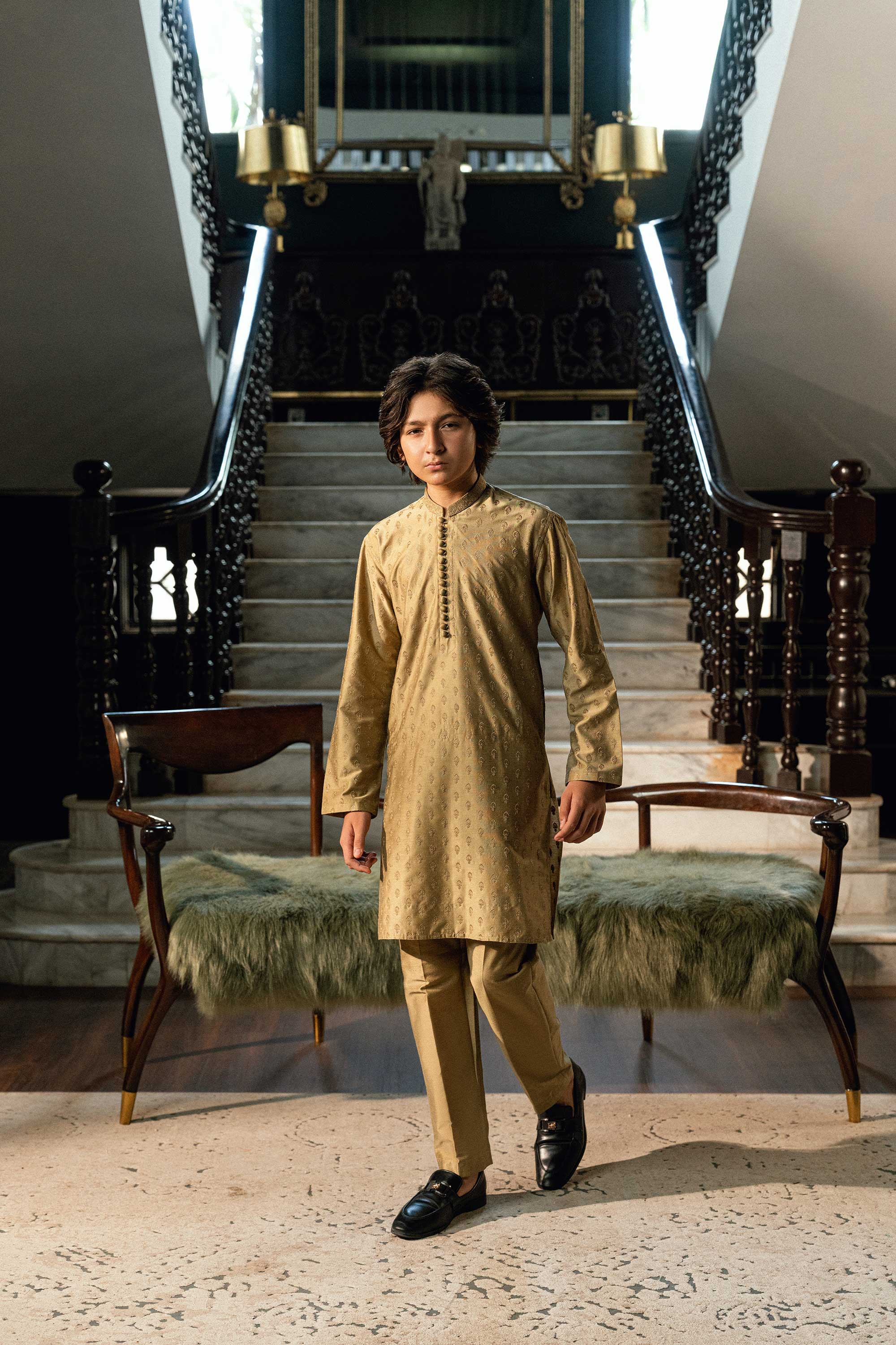 Golden Embroidered kids Kurta Trouser K-3724