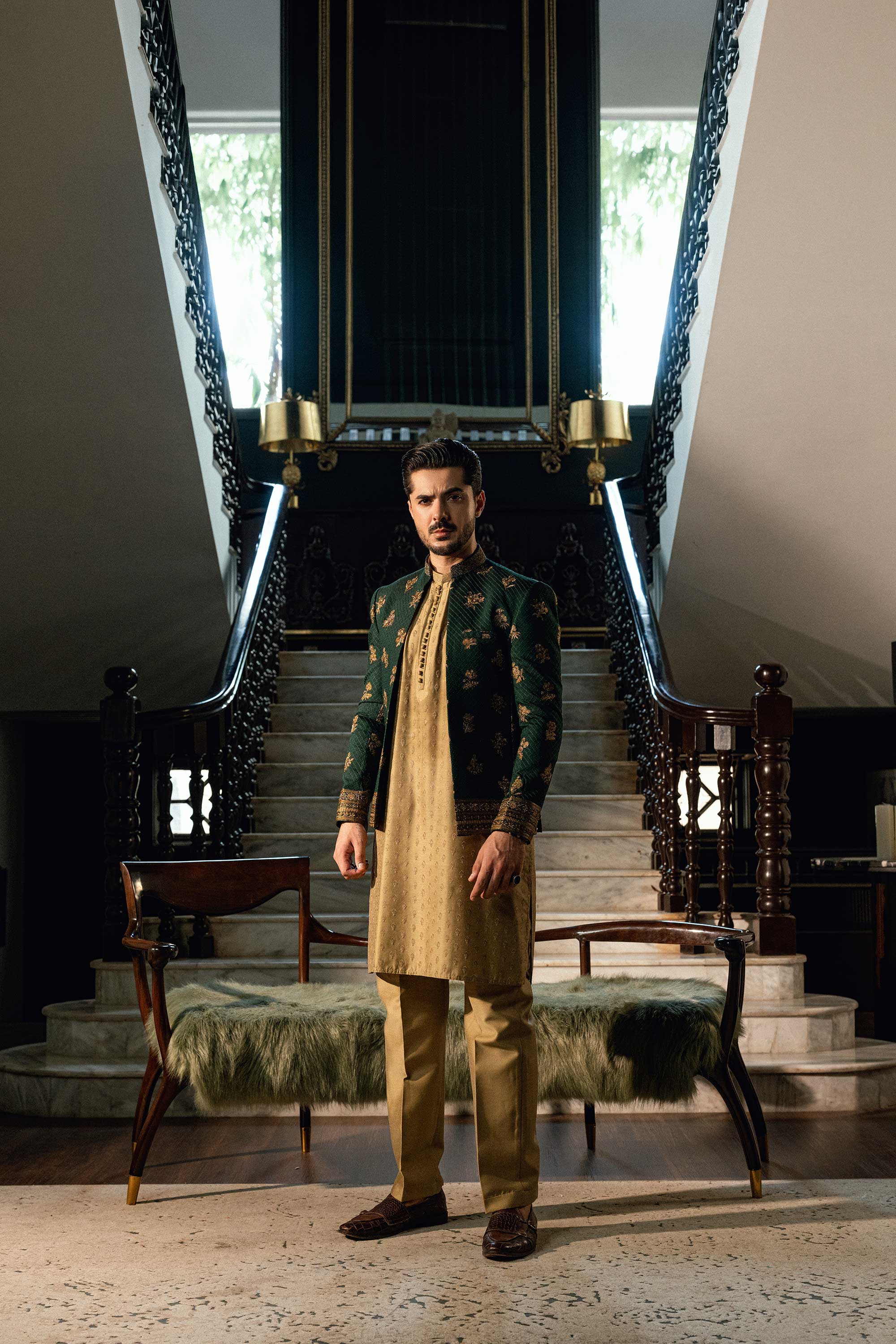 Bottle Green Embroidered Front Open Jacket PC-670