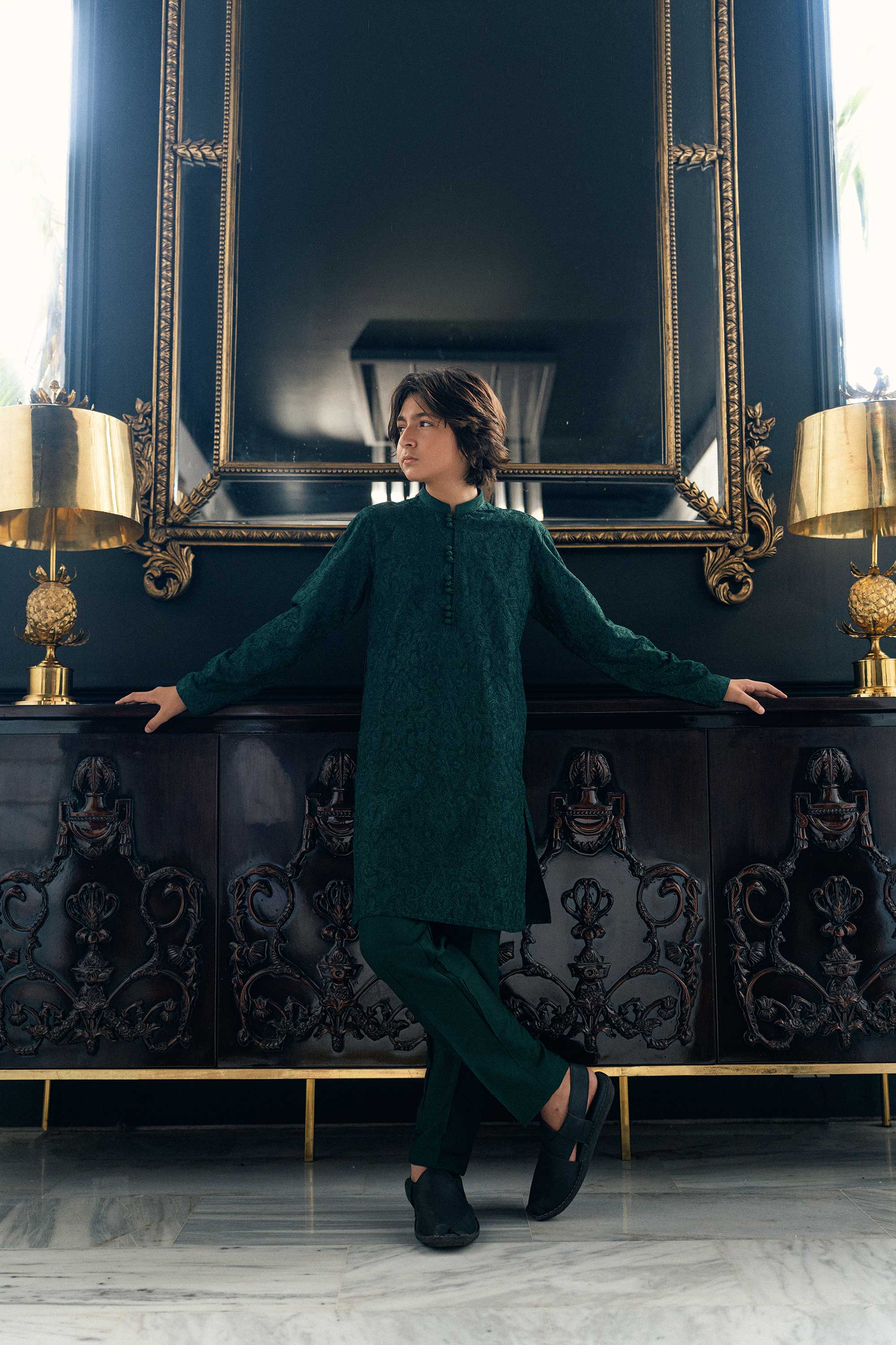 Bottle Green Embroidered Kurta Trouser K-3722