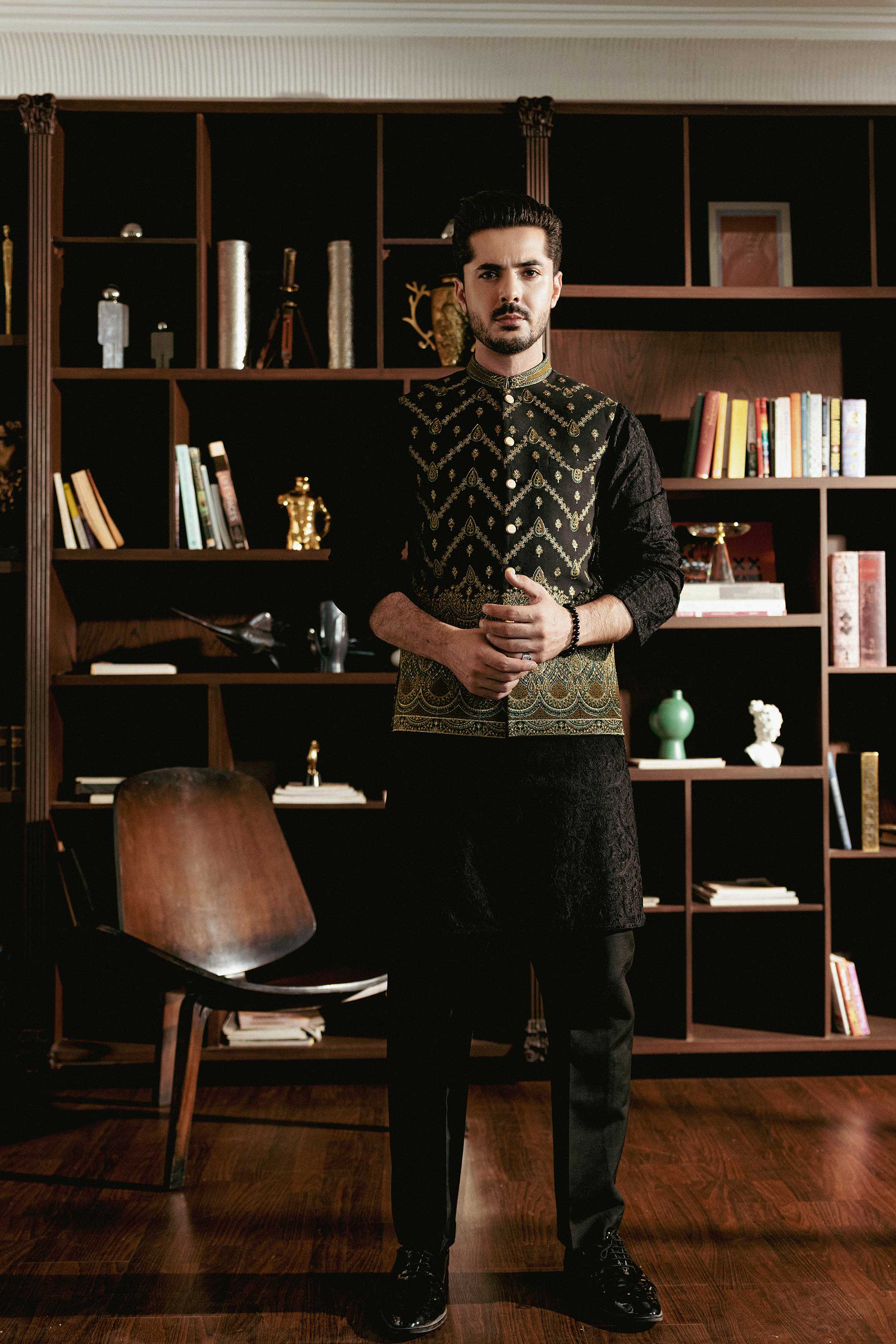 Black Antique Brass Embroidered Waistcoat W-3076