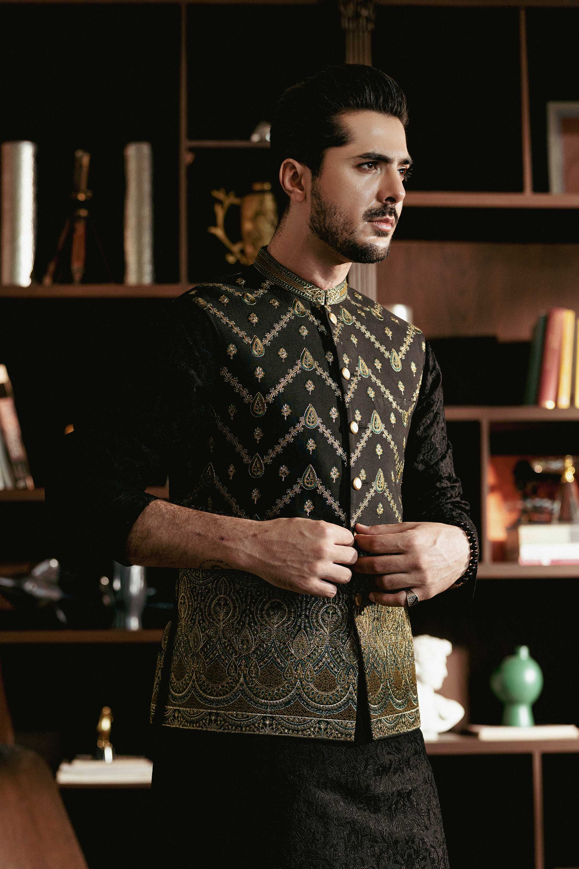 Black Antique Brass Embroidered Waistcoat W-3076