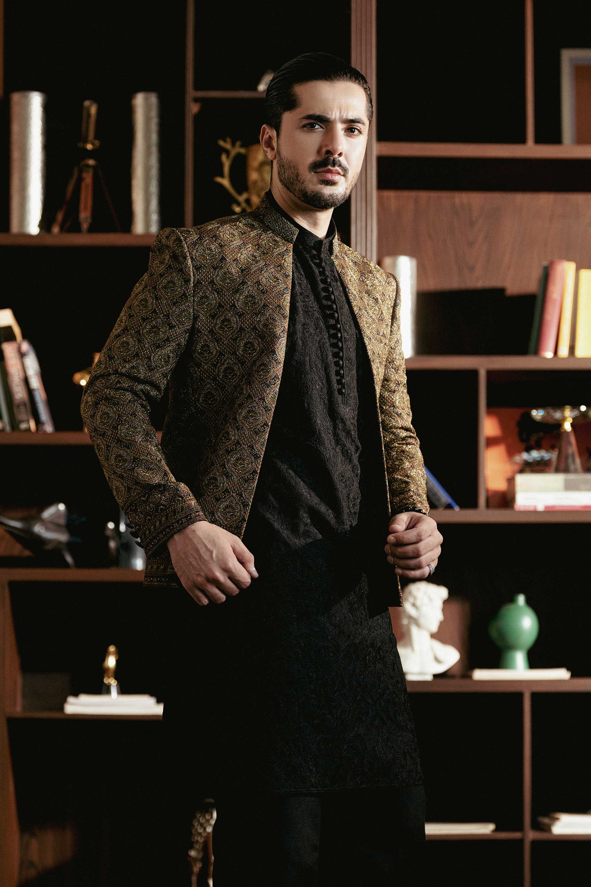 Metallic Gold Embroidered Front Open Jacket PC-616