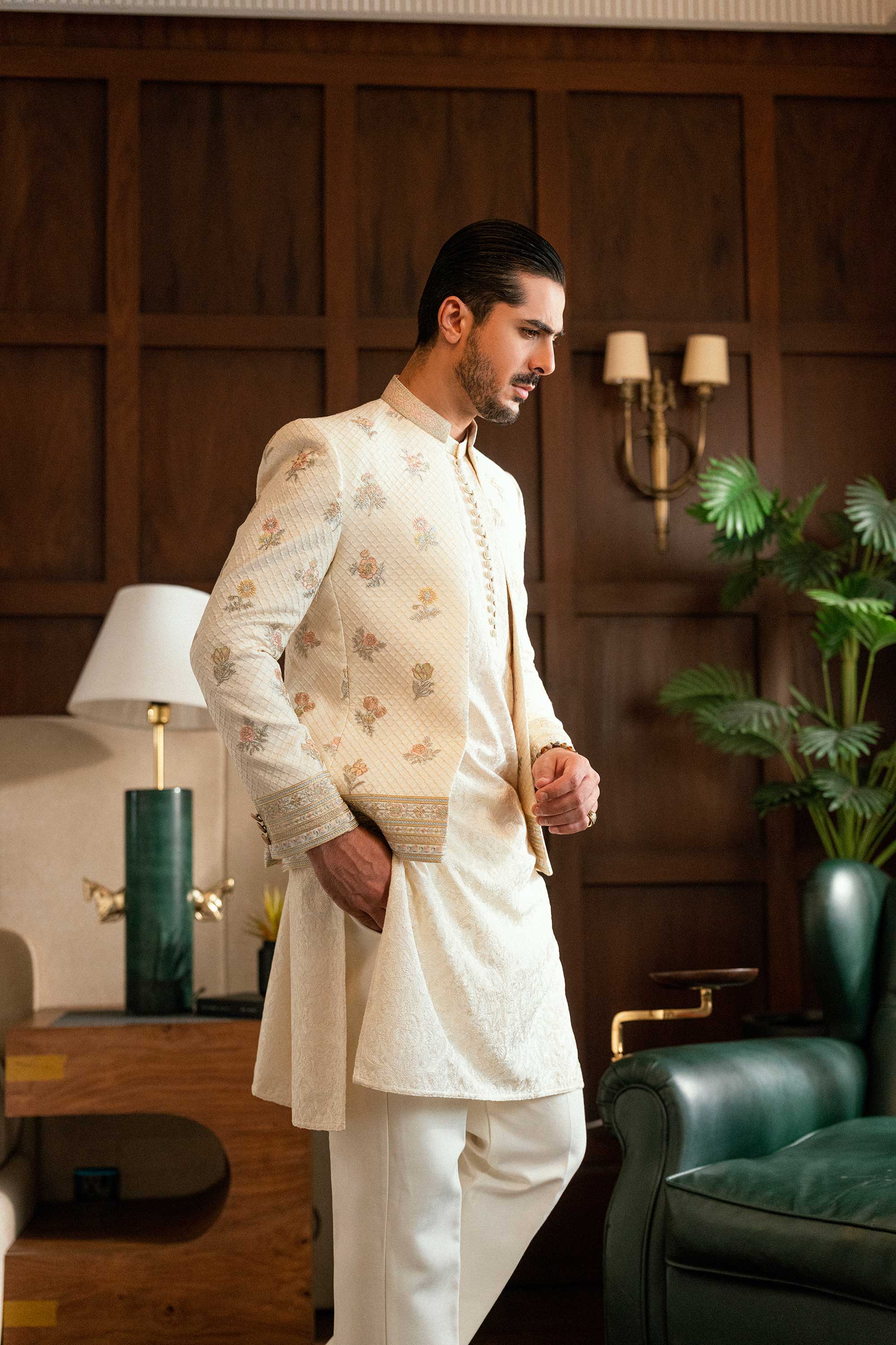 Cream Floral Embroidered Front Open Jacket PC-668