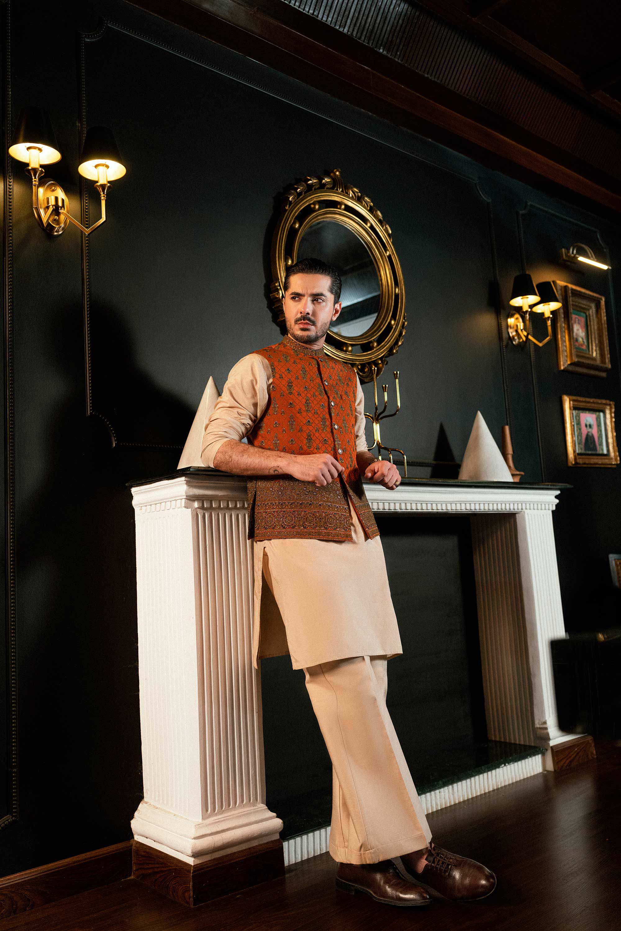 Rust Embroidered Front Open Jacket W-4002