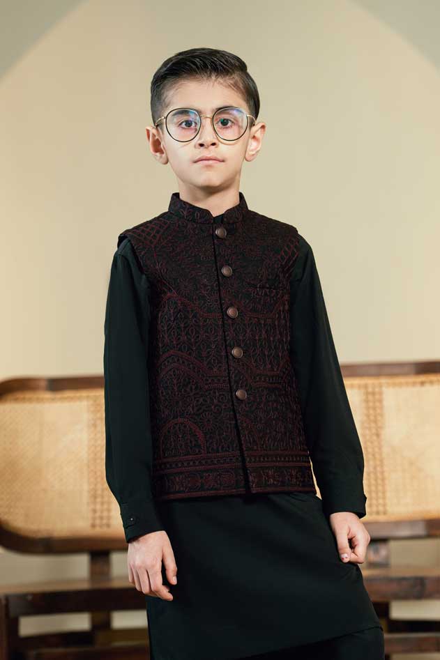 Black Embossed Embroidered Waistcoat Suit KD - 6