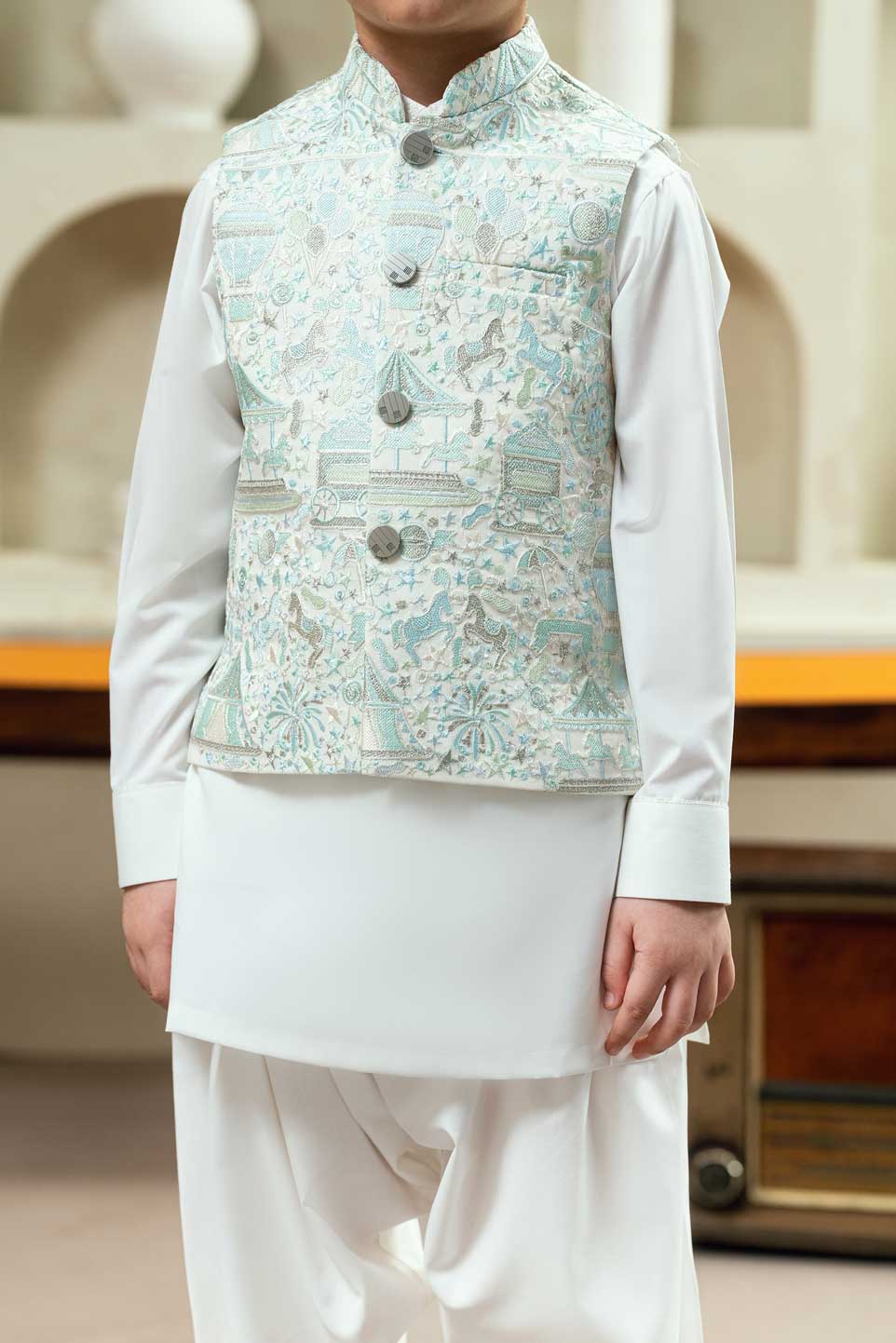 Antique White Embroidered Waistcoat Suit KD - 16