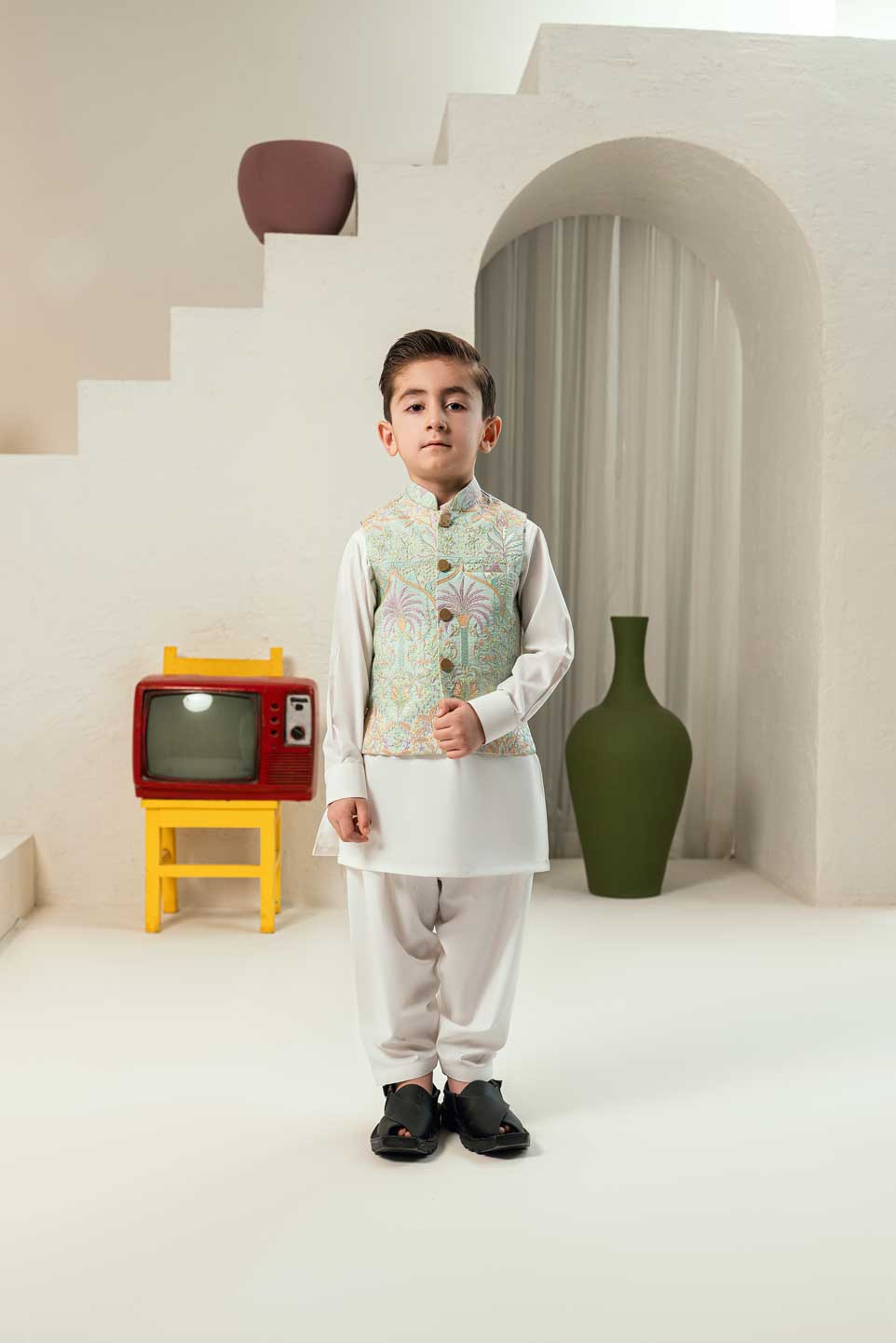 Mint Green Embroidered Waistcoat Suit KD - 23
