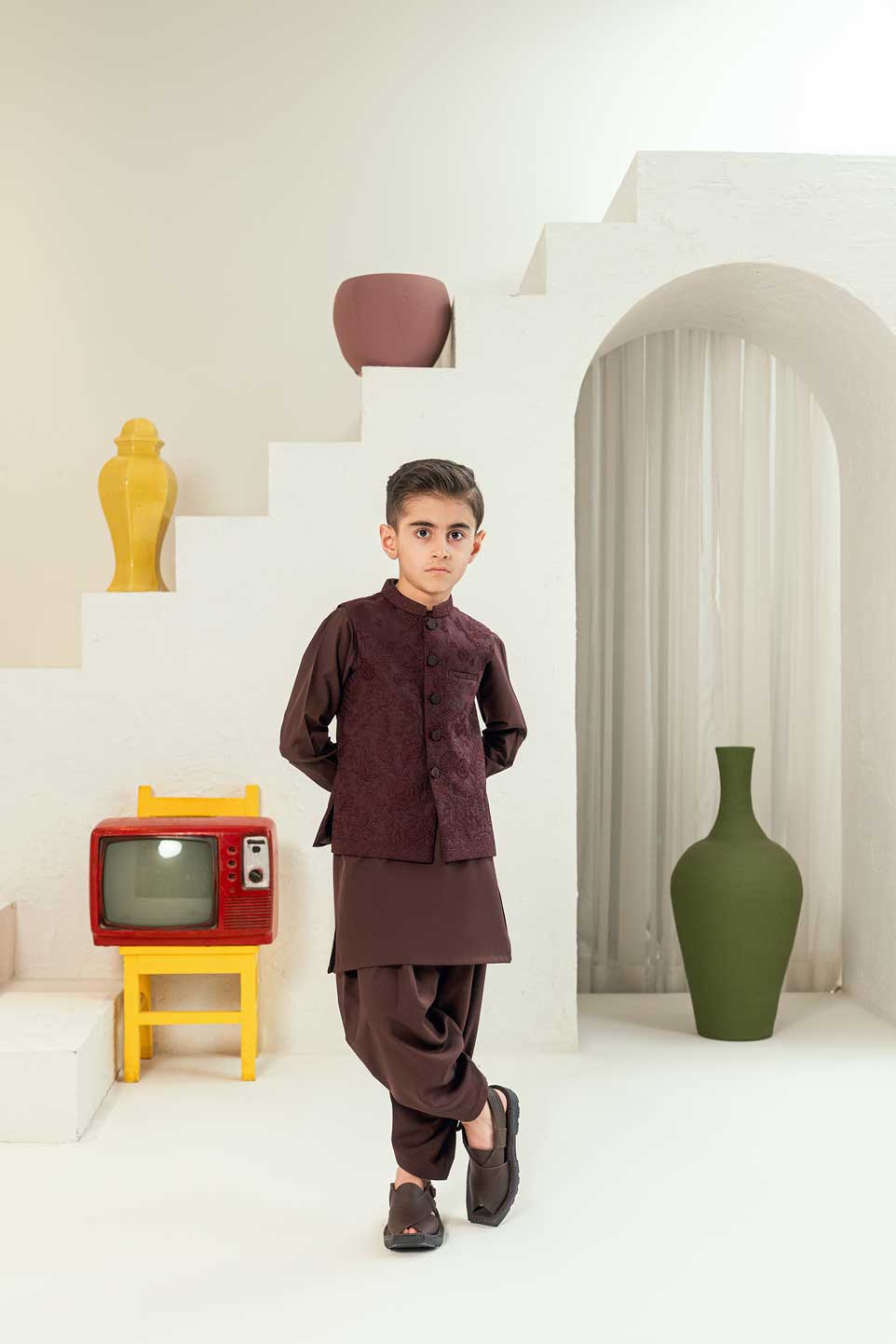Plum Embossed Embroidered Waistcoat Suit KD - 28