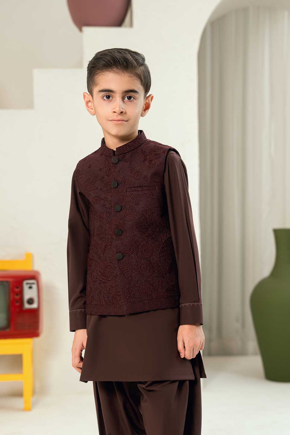 Plum Embossed Embroidered Waistcoat Suit KD - 28