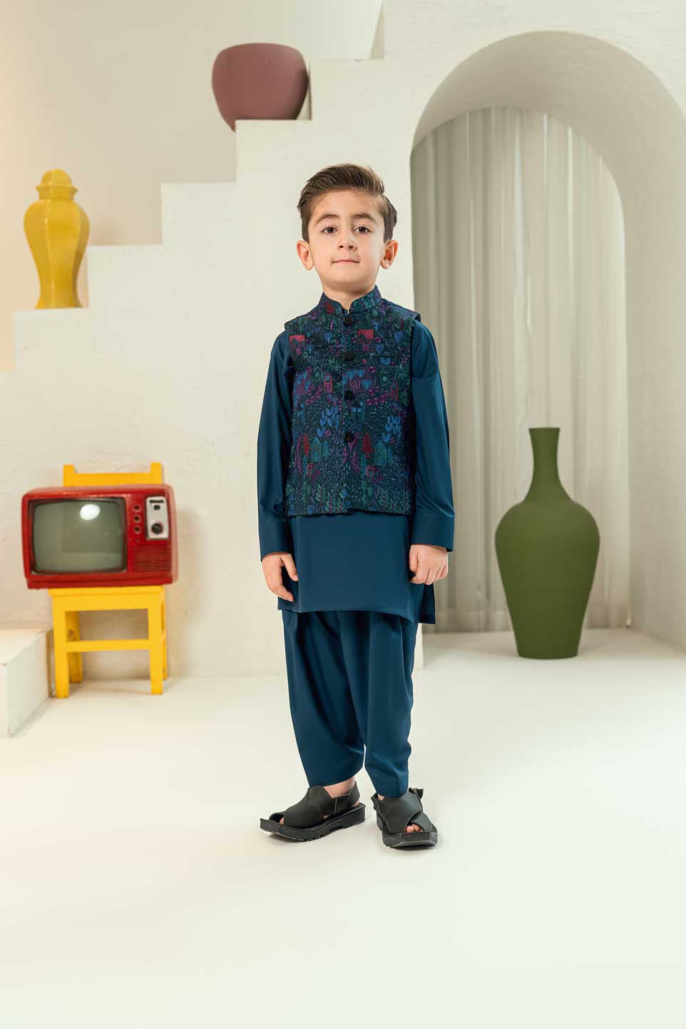 Teal Blue Embroidered Waistcoat Suit KD - 29