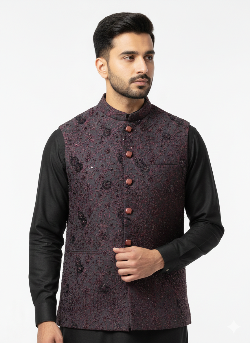 Royal Wine Embroidered Waistcoat