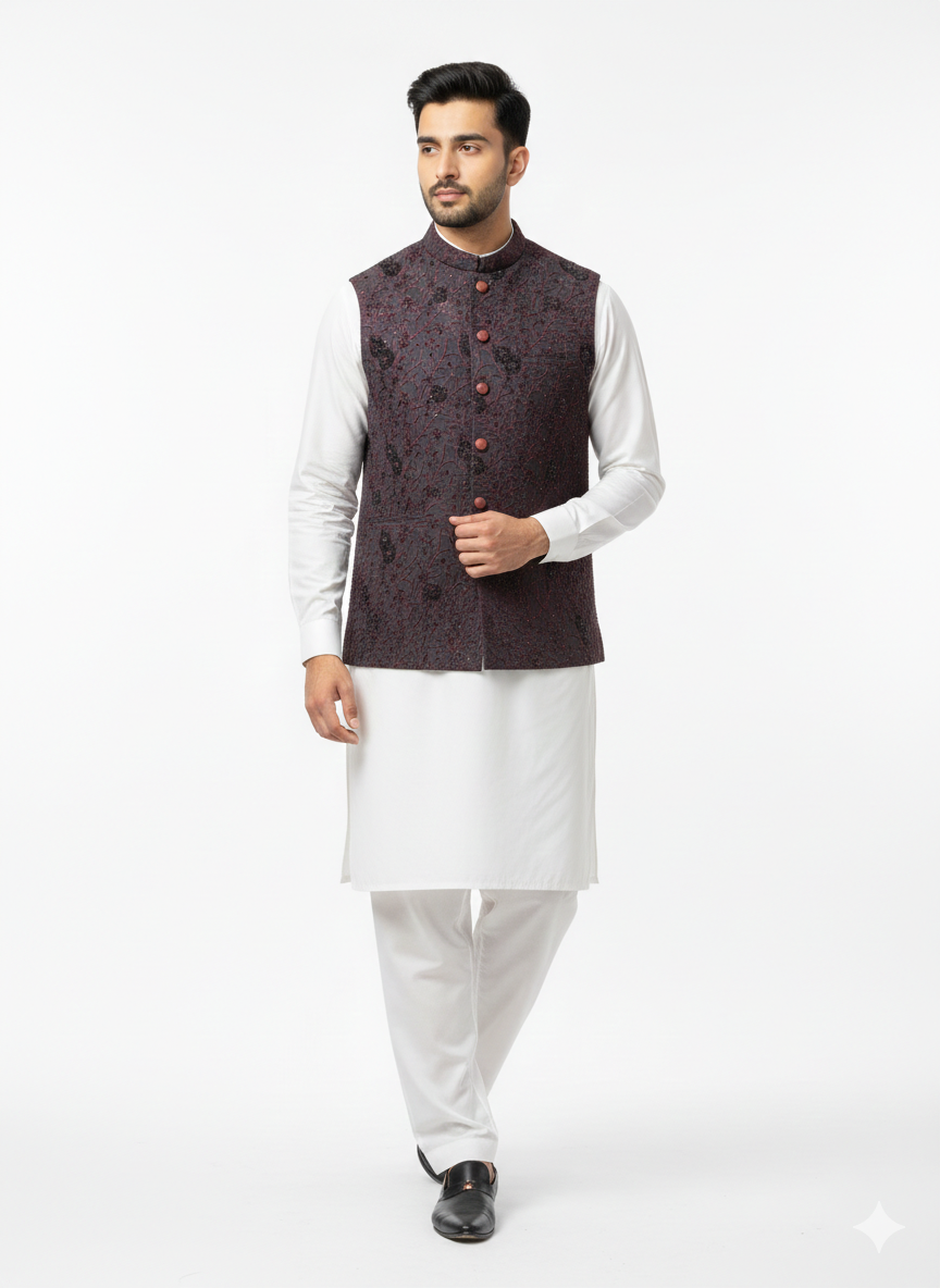 Royal Wine Embroidered Waistcoat