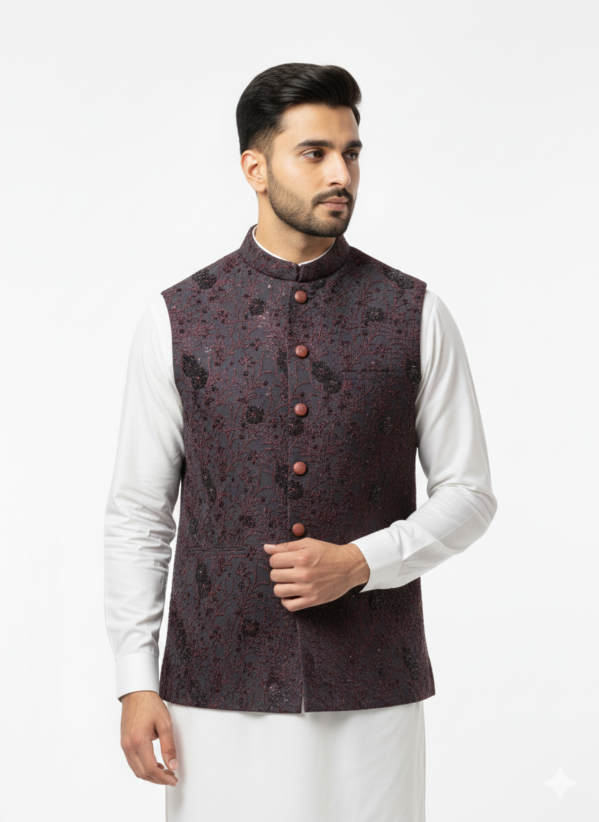 Royal Wine Embroidered Waistcoat
