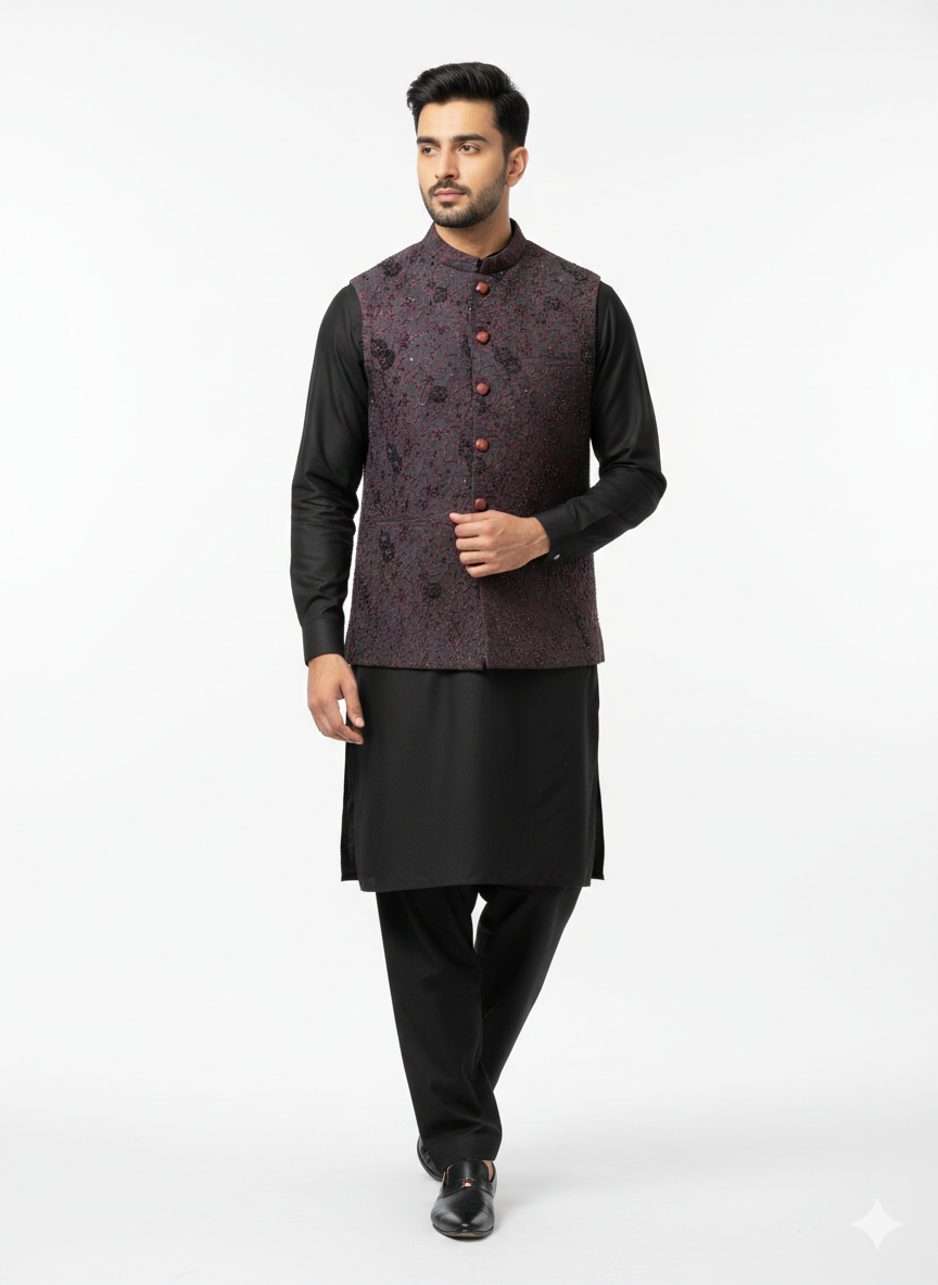 Royal Wine Embroidered Waistcoat