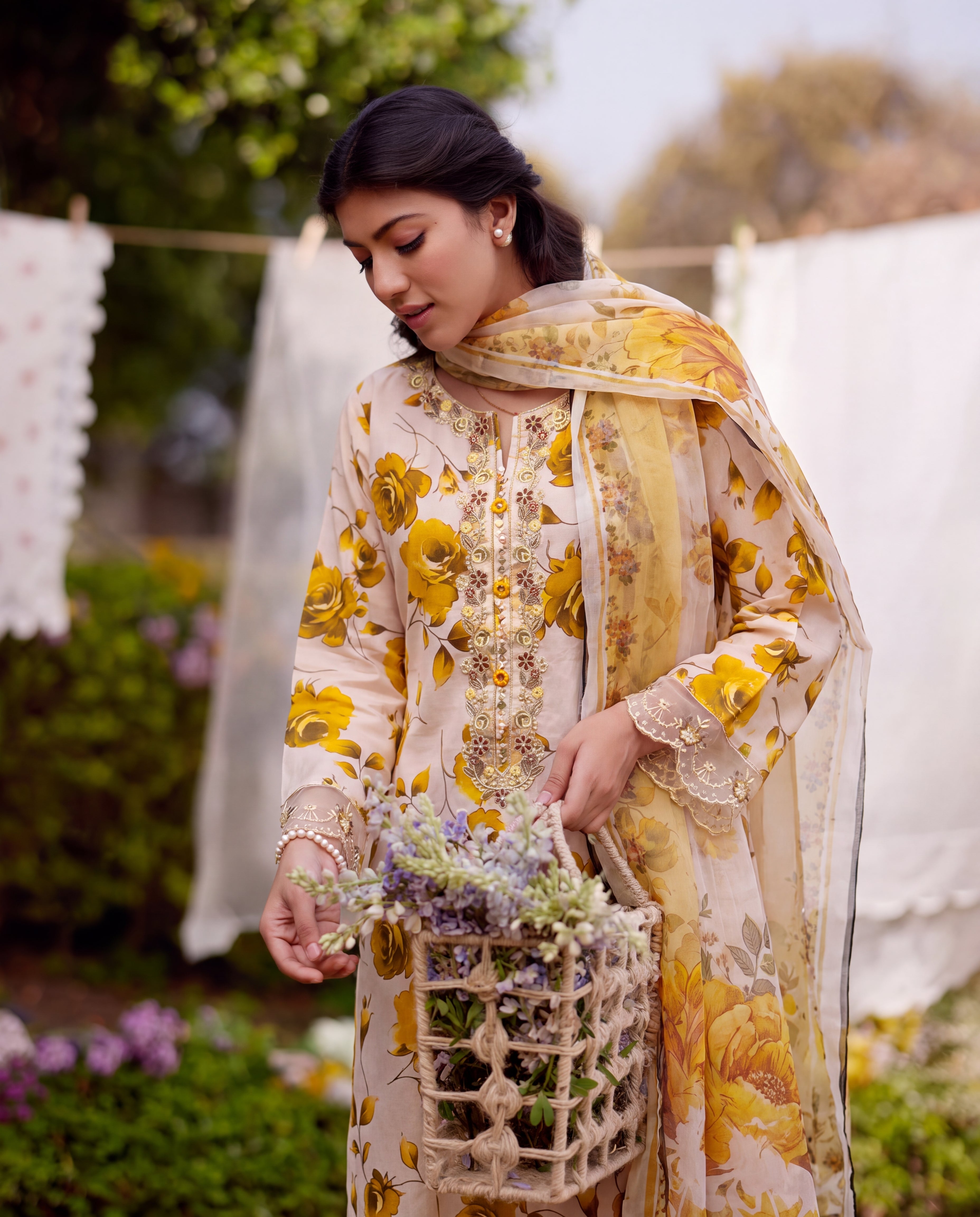 Gul-e-Reza Yellow – Floral Lawn 3-Piece Suit