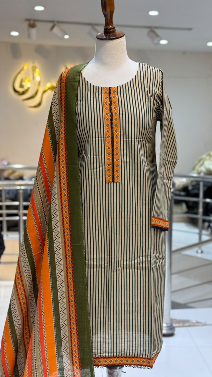 Printed Khadar Beige Mustred 3 pcs