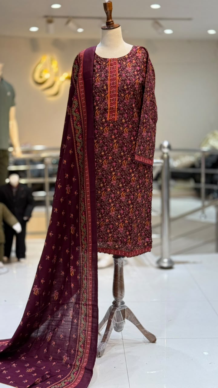 Printed khadar Mehroon 3 pcs