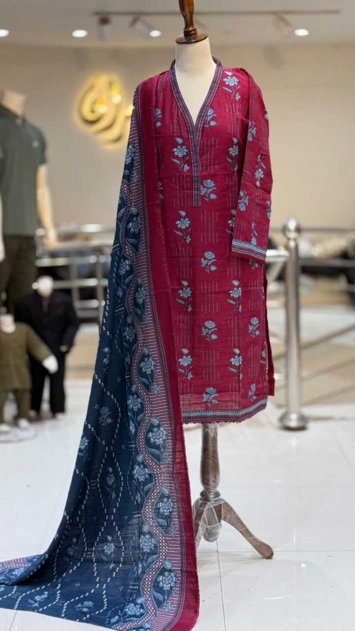 Printed Khadar Magenta 3 pcs