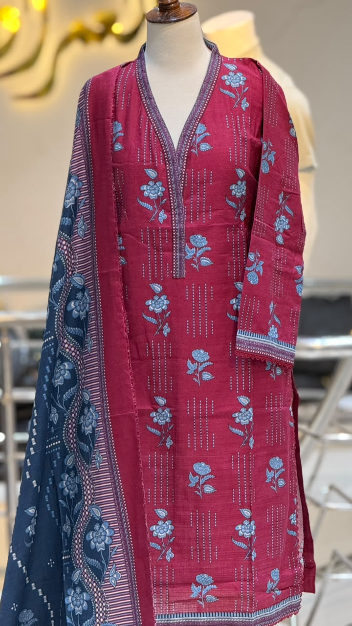 Printed Khadar Magenta 3 pcs