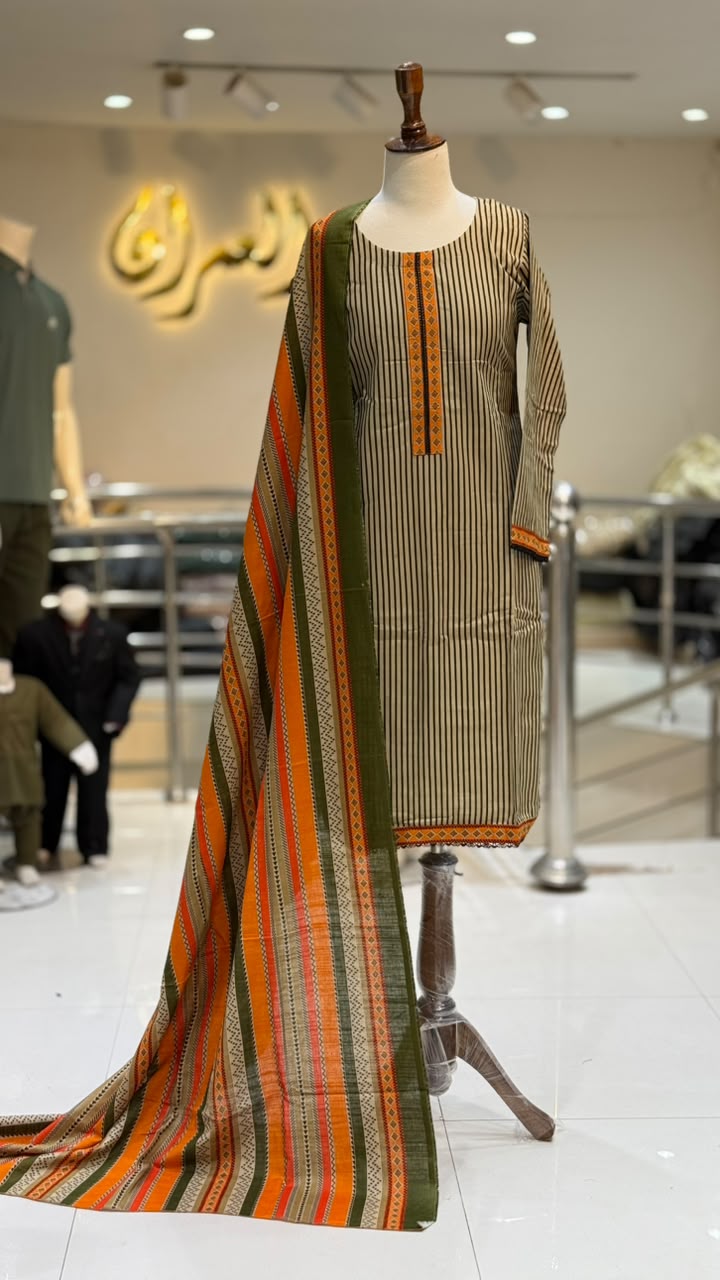 Printed Khadar Beige Mustred 3 pcs