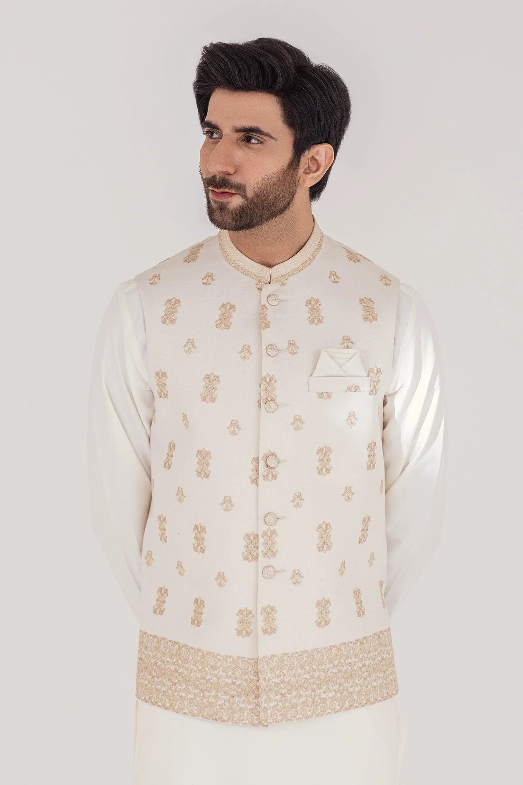 FULL EMBROIDERED WAISTCOAT - OFF WHITE