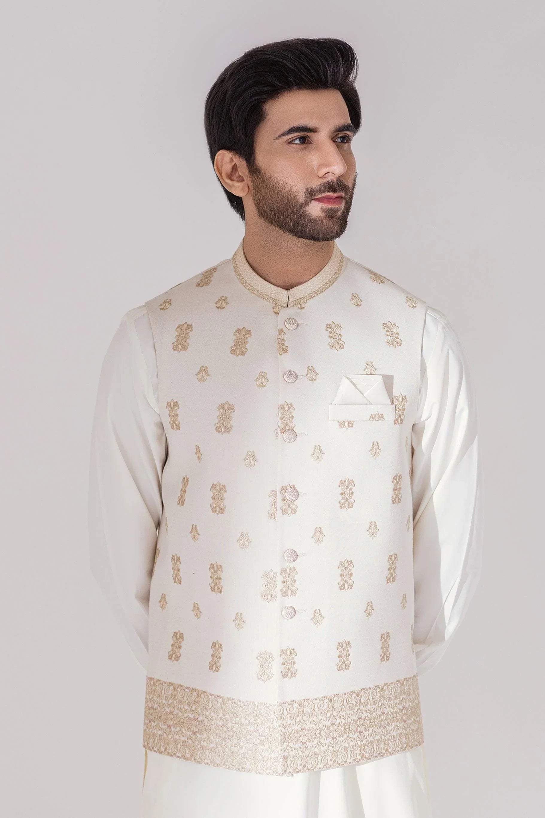 FULL EMBROIDERED WAISTCOAT - OFF WHITE