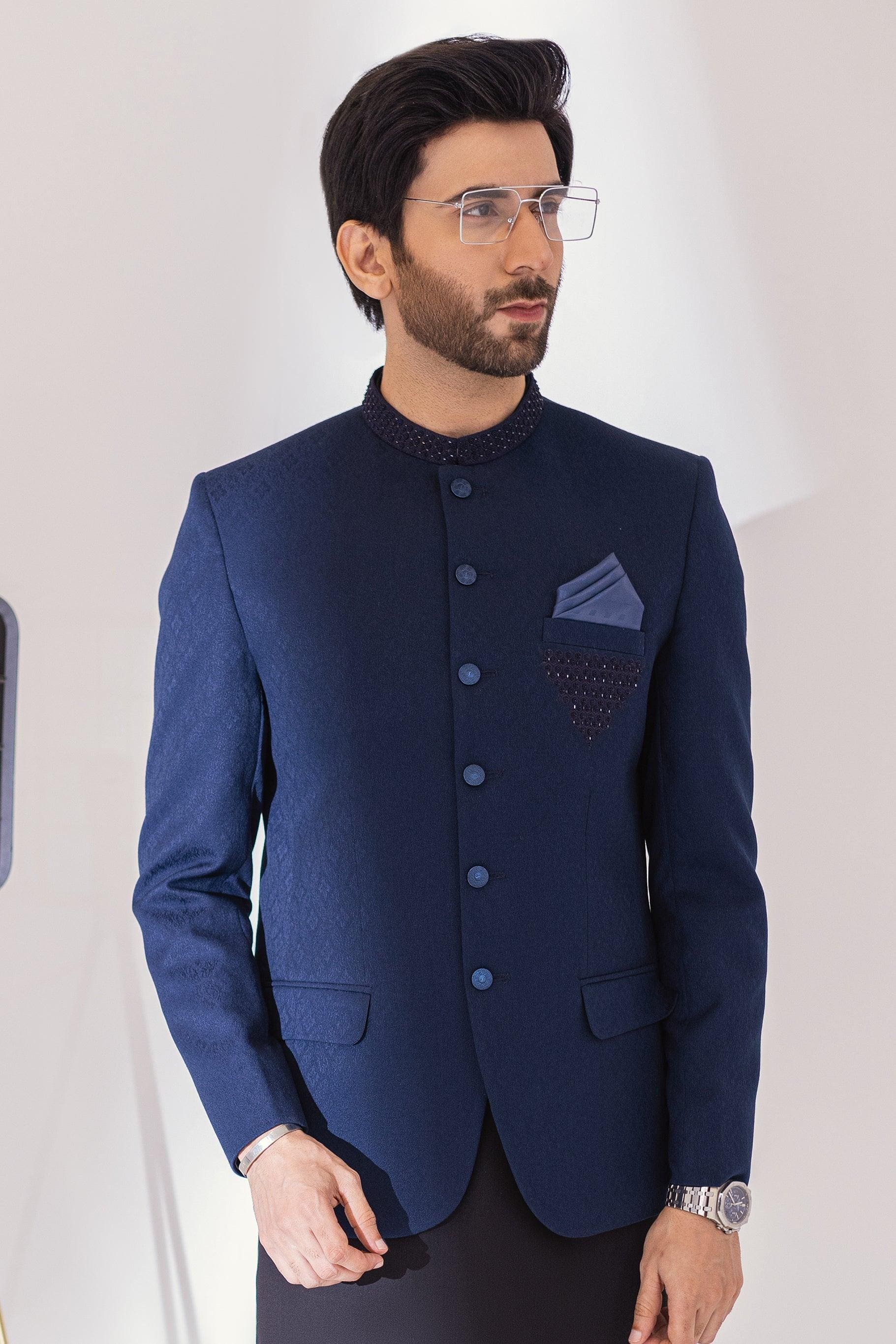 HAND EMBROIDERED PRINCE COAT - NAVY BLUE