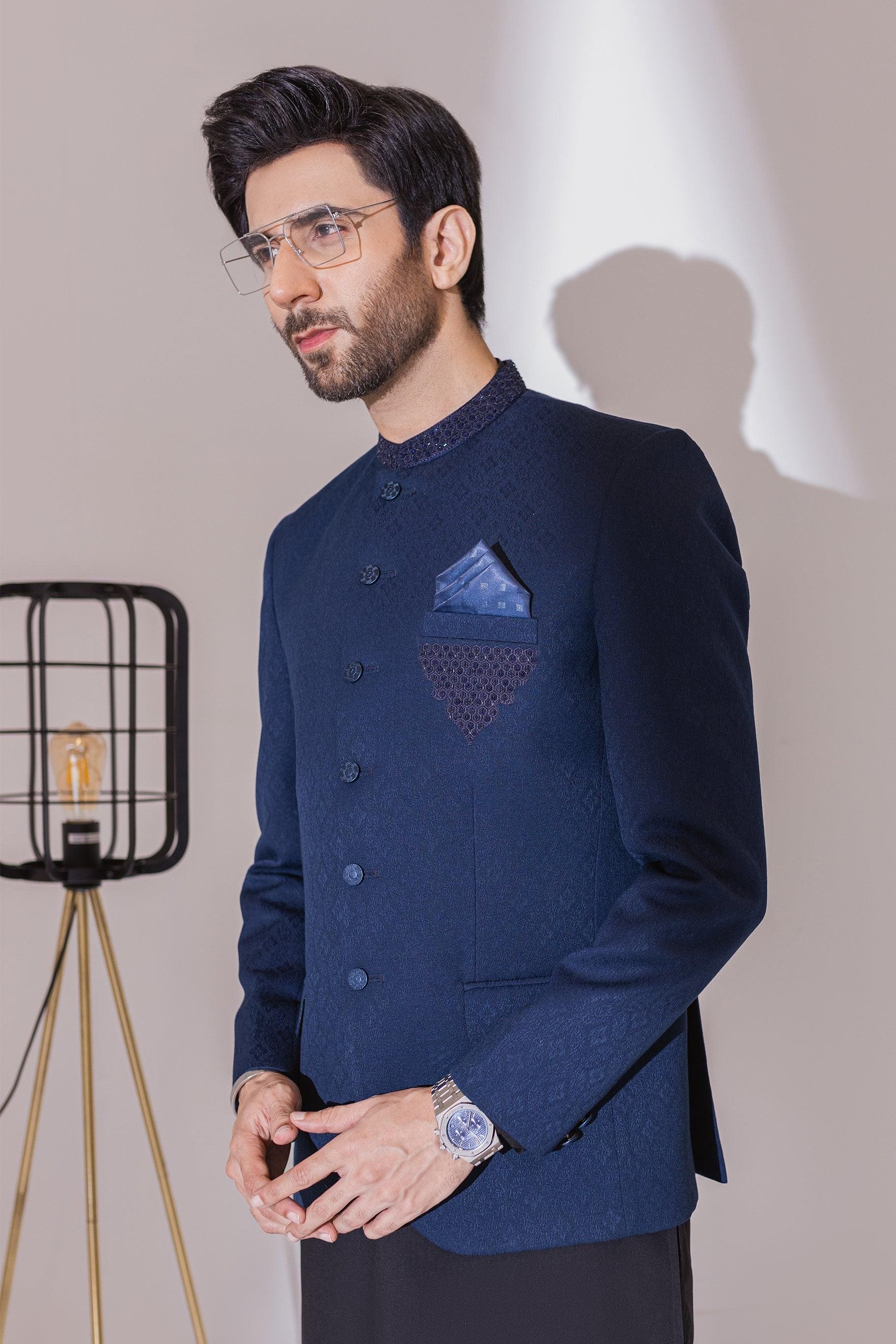 HAND EMBROIDERED PRINCE COAT - NAVY BLUE