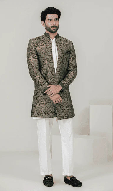 MEN SHERWANI - GOLDEN GREEN