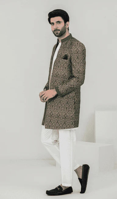 MEN SHERWANI - GOLDEN GREEN