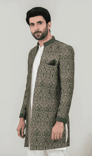 MEN SHERWANI - GOLDEN GREEN