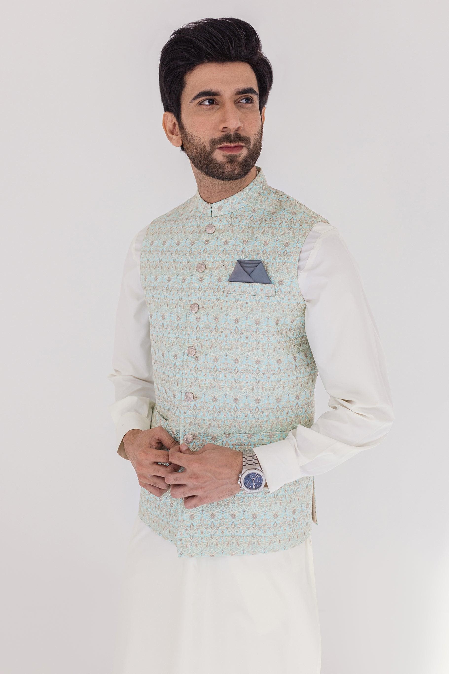 MEN WAIST COAT - LIGHT BLUE GREEN