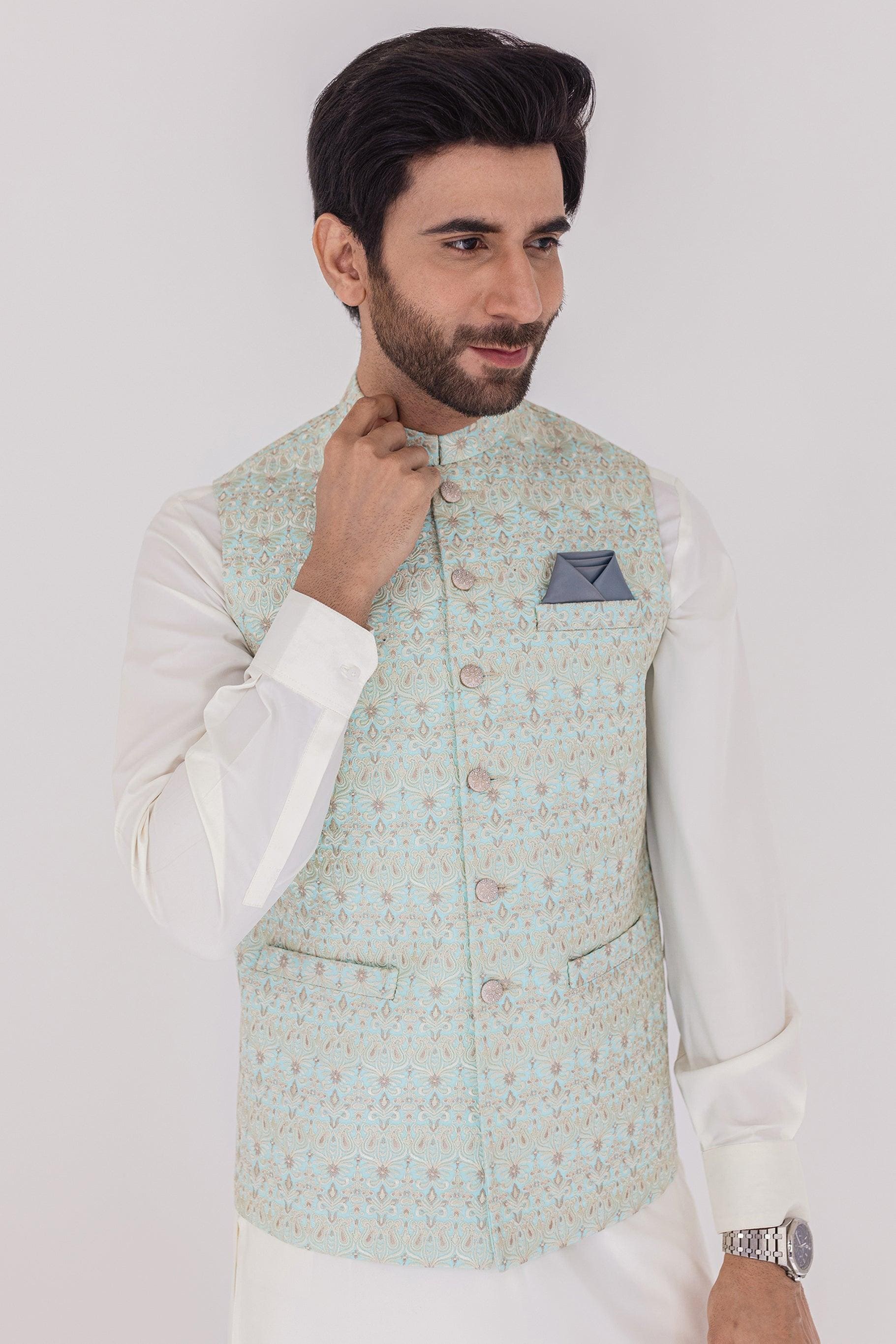 MEN WAIST COAT - LIGHT BLUE GREEN